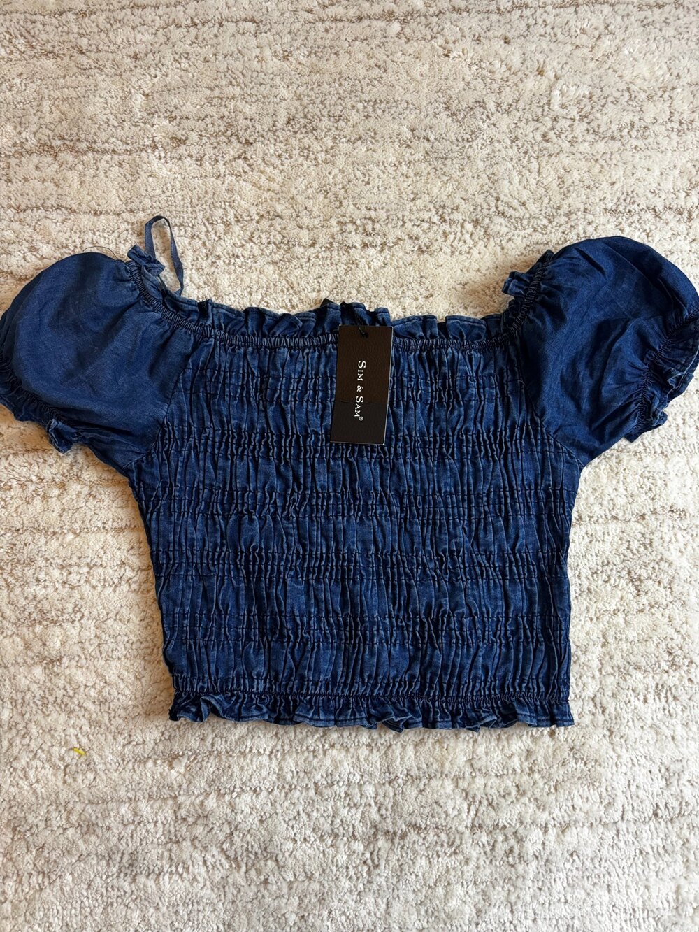 Sim & Sam Smocked Off Shoulder Top Dark Acid Blue Size S